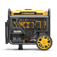 Yellow and black FIRMAN Power Equipment Inverter Open Frame Portable Generator 4500W Remote Start with CO Alert, displayed against a grey striped background.