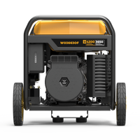 Front view of a modern, fuel-efficient FIRMAN Power Equipment Inverter Open Frame Portable Generator 4500W Remote Start with CO Alert on wheels with visible engine and controls, predominantly black and gray with orange accents.