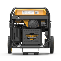 Rear view of a fuel-efficient FIRMAN Power Equipment Inverter Open Frame Portable Generator 4500W Remote Start with CO Alert gas generator showing the engine, wheels, and various operational stickers and labels.