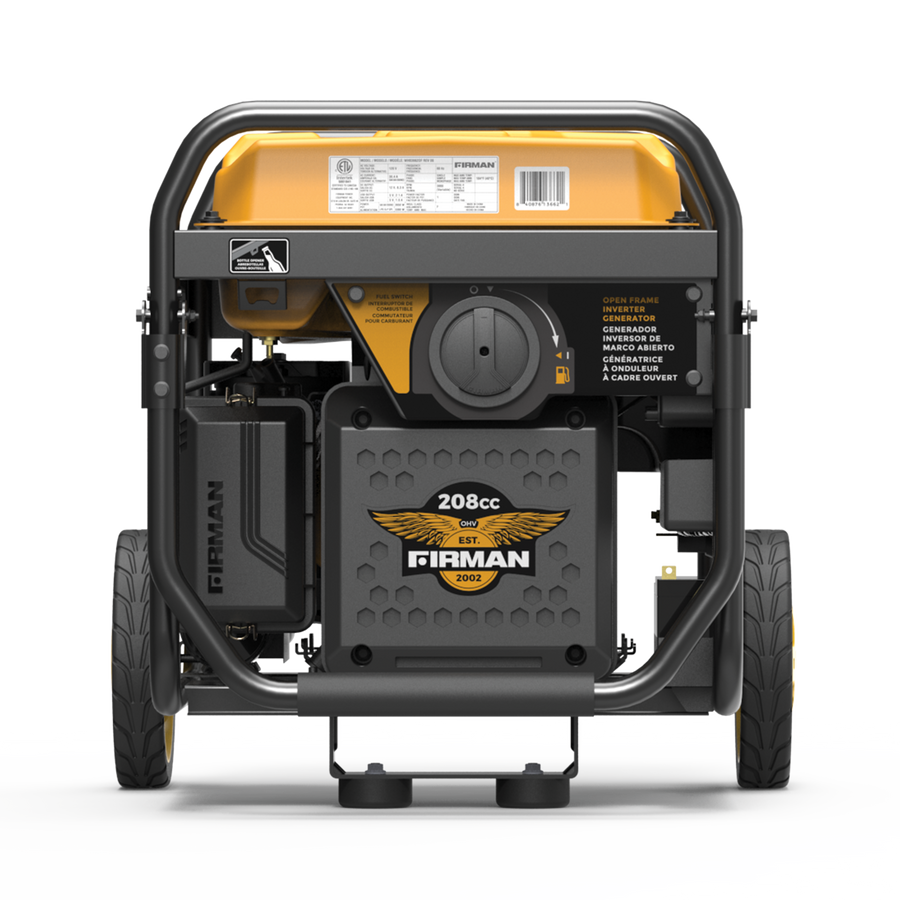 Rear view of a fuel-efficient FIRMAN Power Equipment Inverter Open Frame Portable Generator 4500W Remote Start with CO Alert gas generator showing the engine, wheels, and various operational stickers and labels.