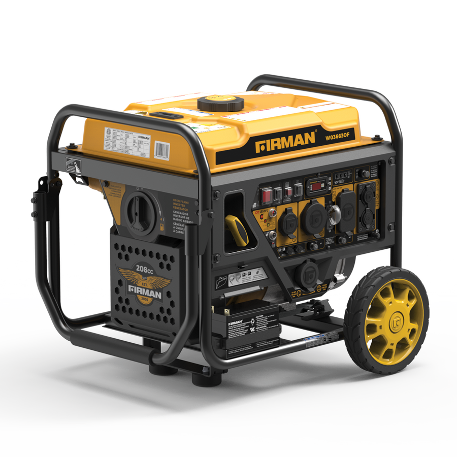 Yellow and black FIRMAN Power Equipment Inverter Open Frame Portable Generator 4500W Remote Start with CO Alert on a white background.