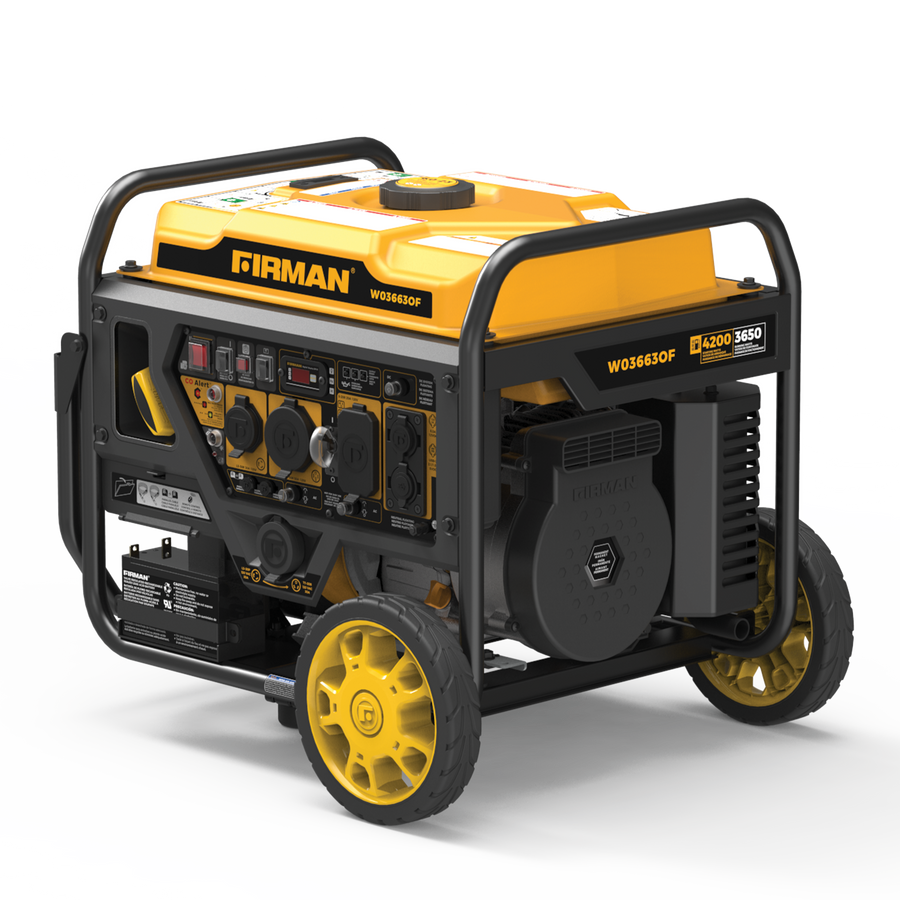 A FIRMAN Power Equipment Inverter Open Frame Portable Generator 4500W Remote Start with CO Alert on a white background, featuring multiple outlets and a yellow and black casing.