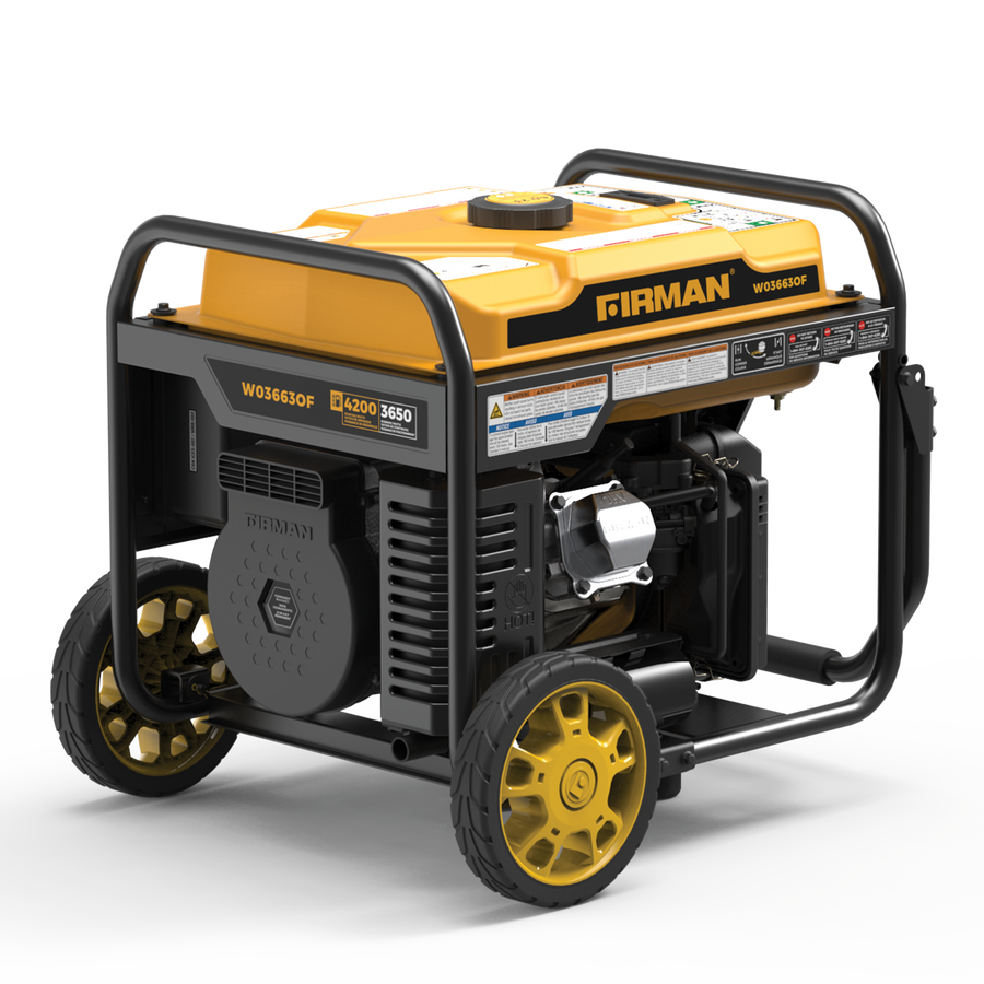 A FIRMAN Power Equipment Inverter Open Frame Portable Generator 4500W Remote Start with CO Alert with a yellow and black design, featuring large wheels and a structured metal frame.