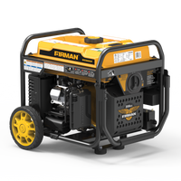 Yellow and black FIRMAN Power Equipment W03663OF Inverter Open Frame Portable Generator 4500W Remote Start with CO Alert with wheels on a white background.