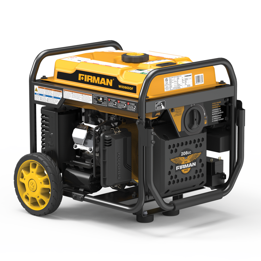 Yellow and black FIRMAN Power Equipment W03663OF Inverter Open Frame Portable Generator 4500W Remote Start with CO Alert with wheels on a white background.